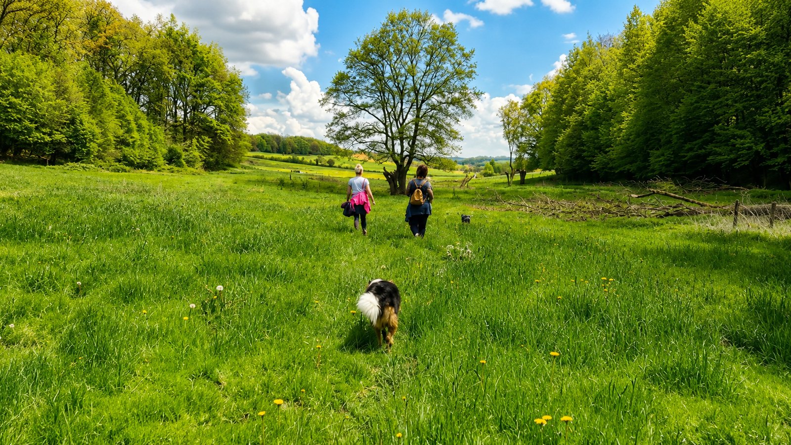 Wandelaars met hond in de stille groene weides van Voeren